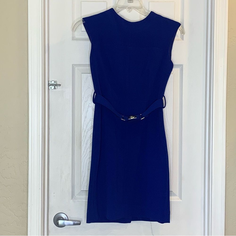 Milly Ella Sheath Dress Size 4 Blue Gold Belted Knee Length Career